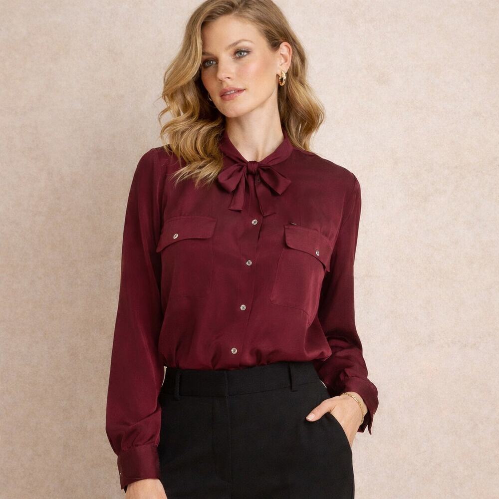 Vintage 80s Anne Pinkerton Burgundy Avante Garde Tie Neck Blouse M